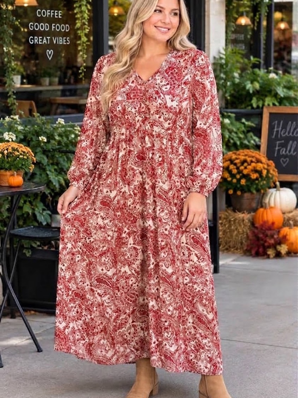 New Polagram Medium Red Paisley V-Neck Long Sleeve Maxi Dress boho